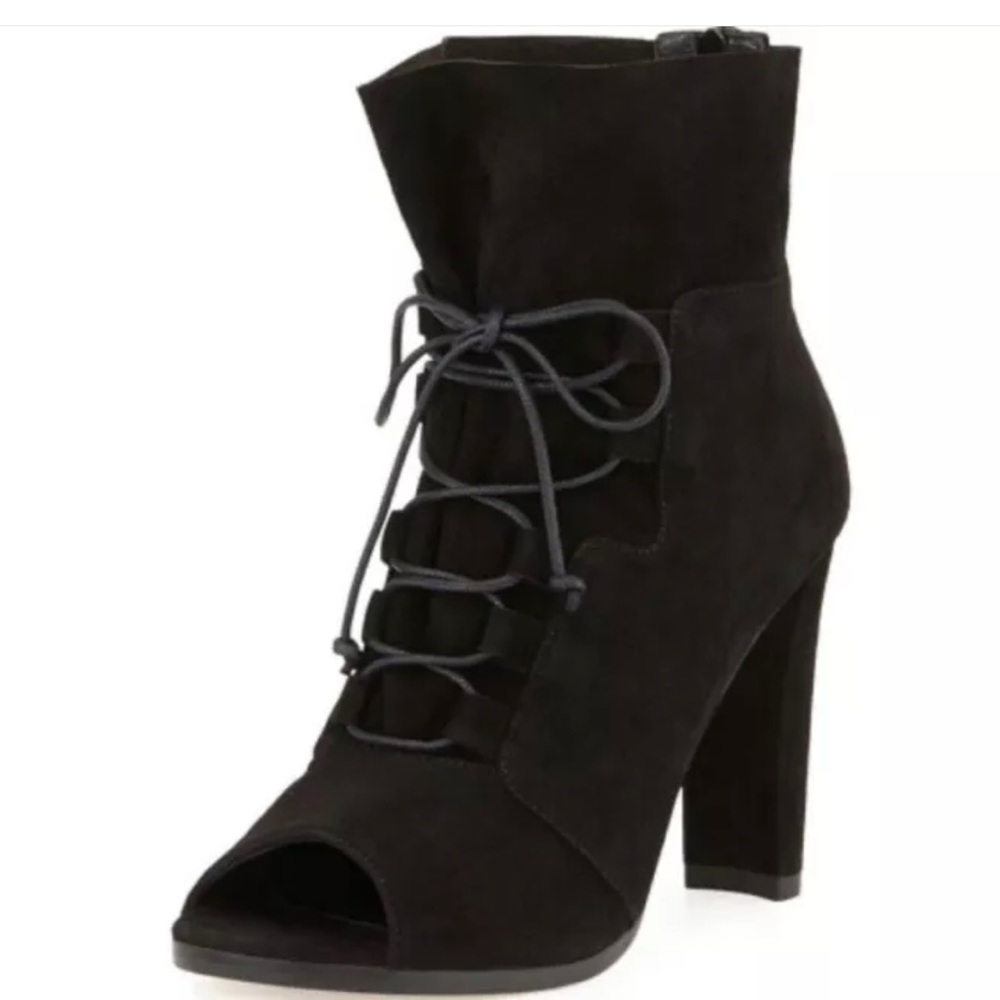 Stuart Weitzman Black Bound Lace-Up Peep-Toe Bootie 9 Club Flirty Feminine